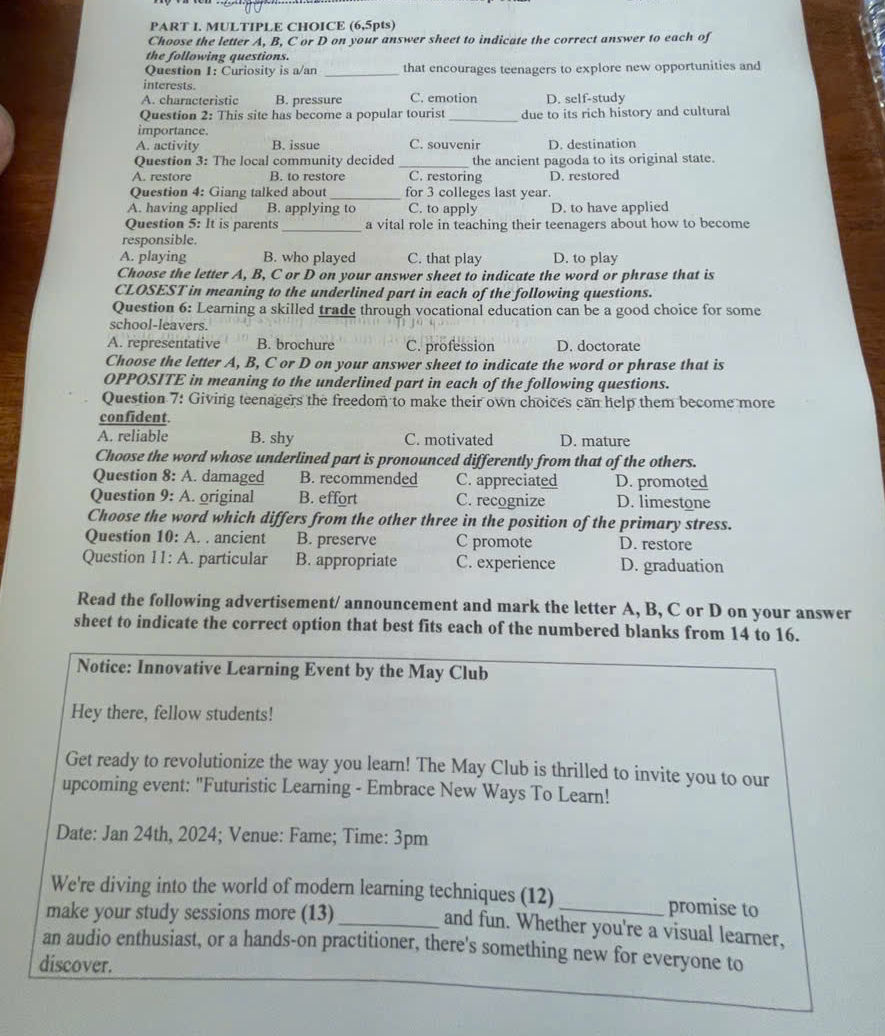 PART I. MULTIPLE CHOICE (6.5pts) Choose the | StudyX