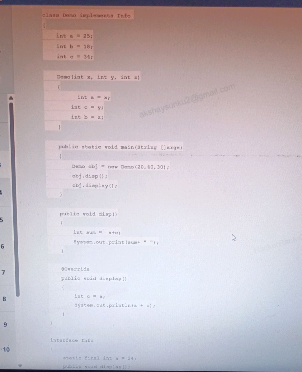 ```java class Demo implements Info { int | StudyX