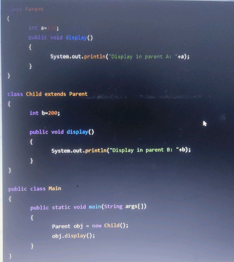 ```java class Parent { int a = 100; public