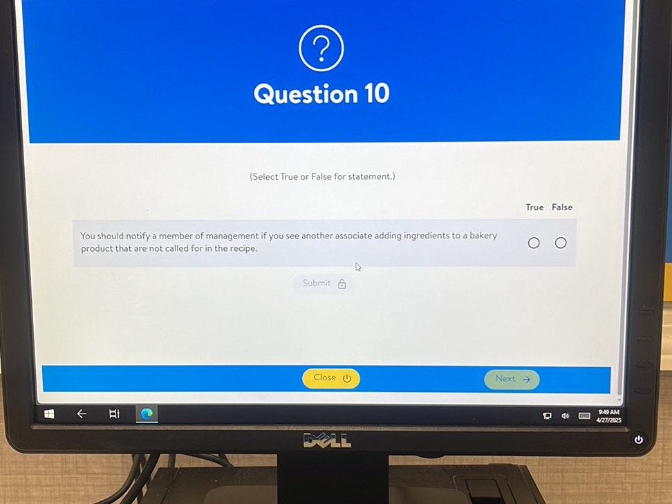Question 10 (Select True or False for