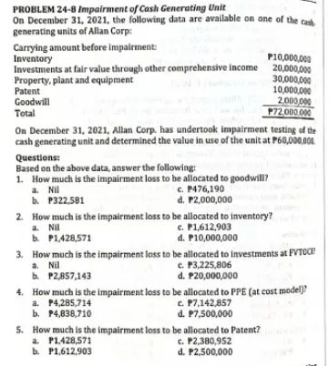 PROBLEM 24-8 Impairment of Cash Generating | StudyX