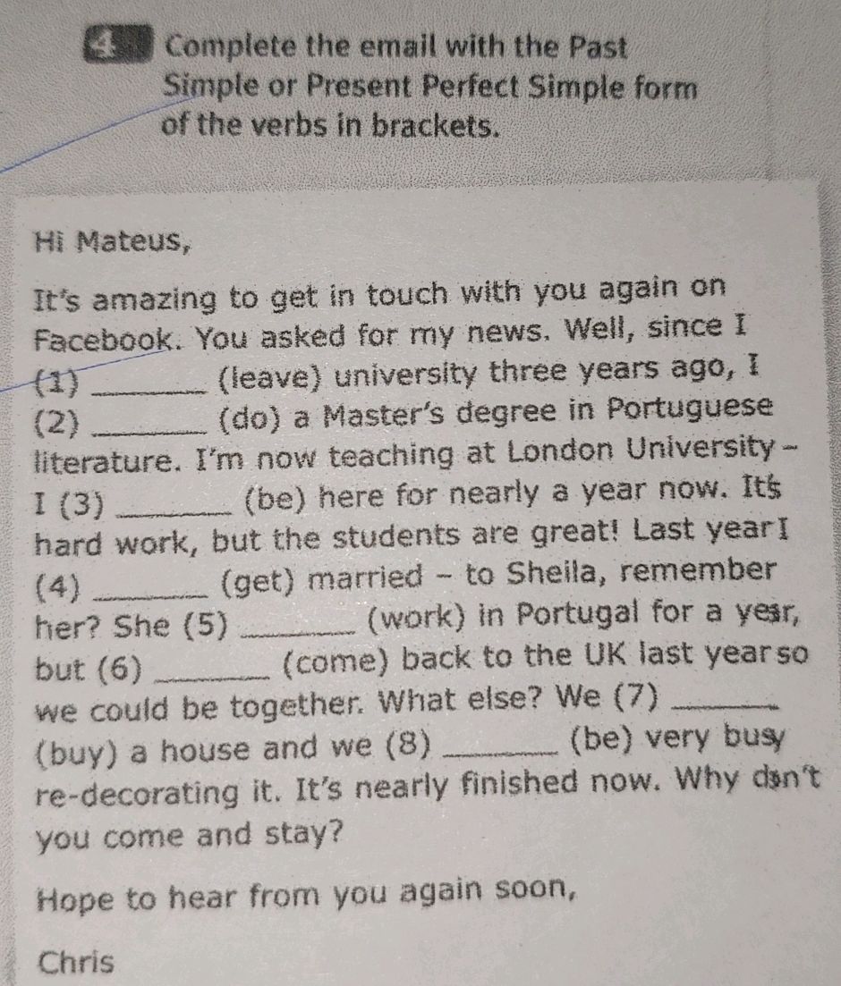 Complete the email with the Past Simple or