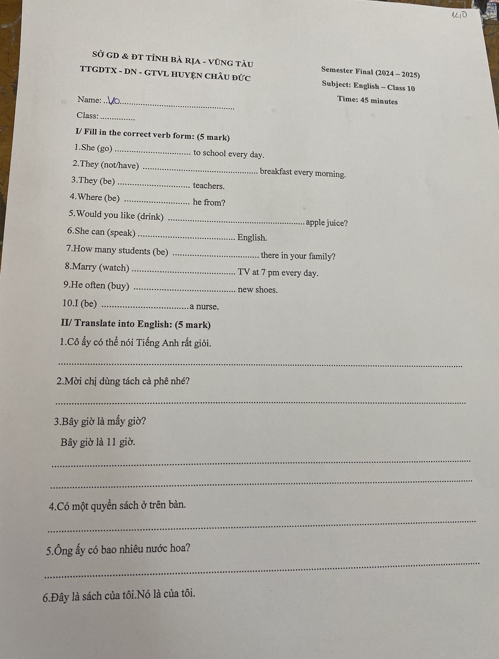 I/ Fill in the correct verb form: (5 mark) | StudyX
