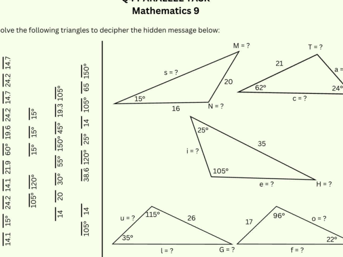 Solve the following triangles to decipher | StudyX