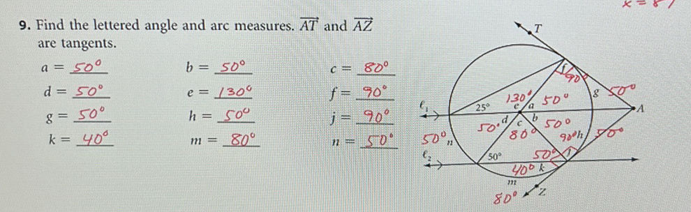 9. Find the lettered angle and arc measures. | StudyX