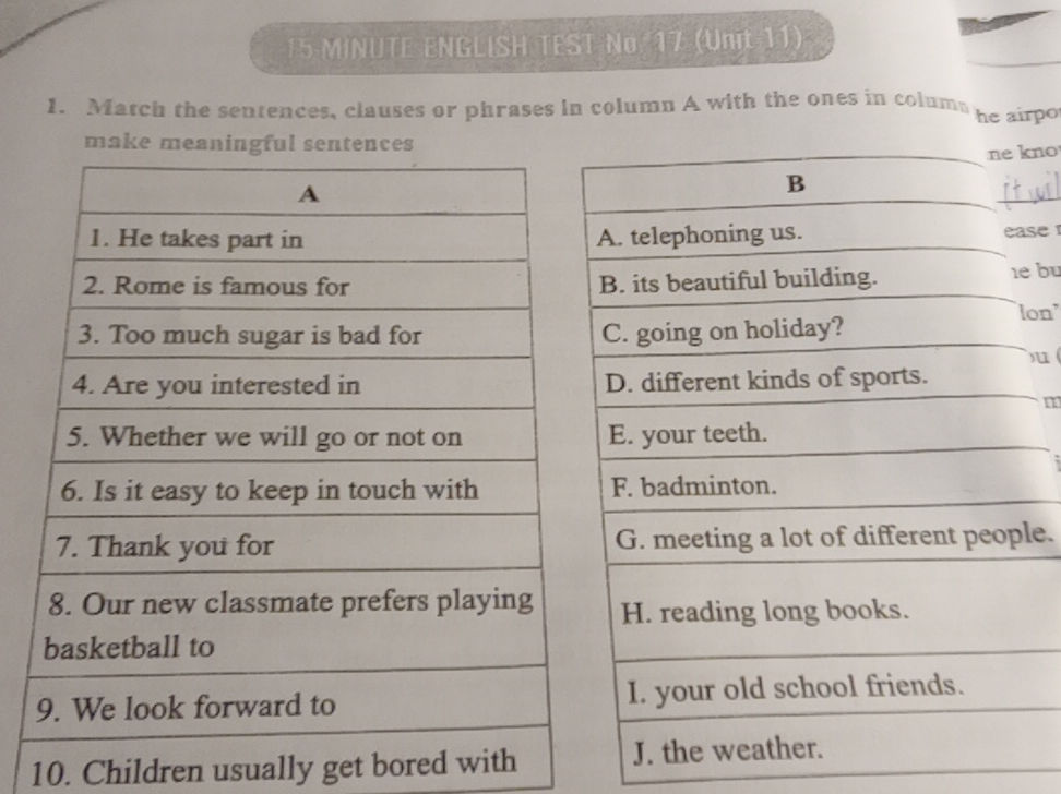 Column Sentence 1. Match the sentences, clauses or phrases | StudyX