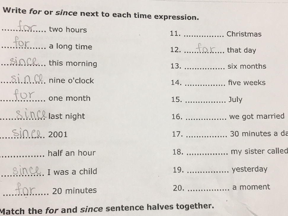 Write for or since next to each time | StudyX