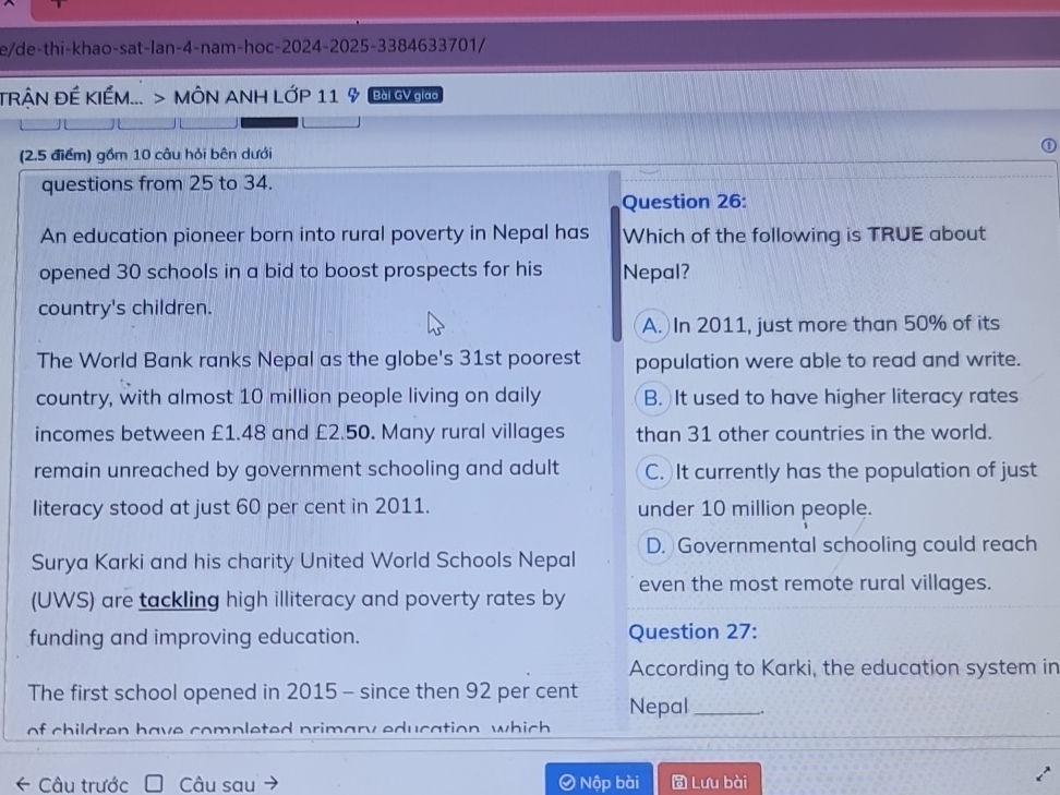 Question 26 Question 26: Which of the following is TRUE