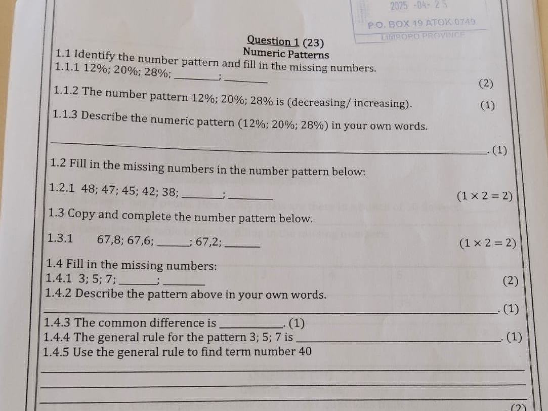 Hard Numeric Pattern Question Question 1 (23) Numeric Patterns 1.1 | StudyX