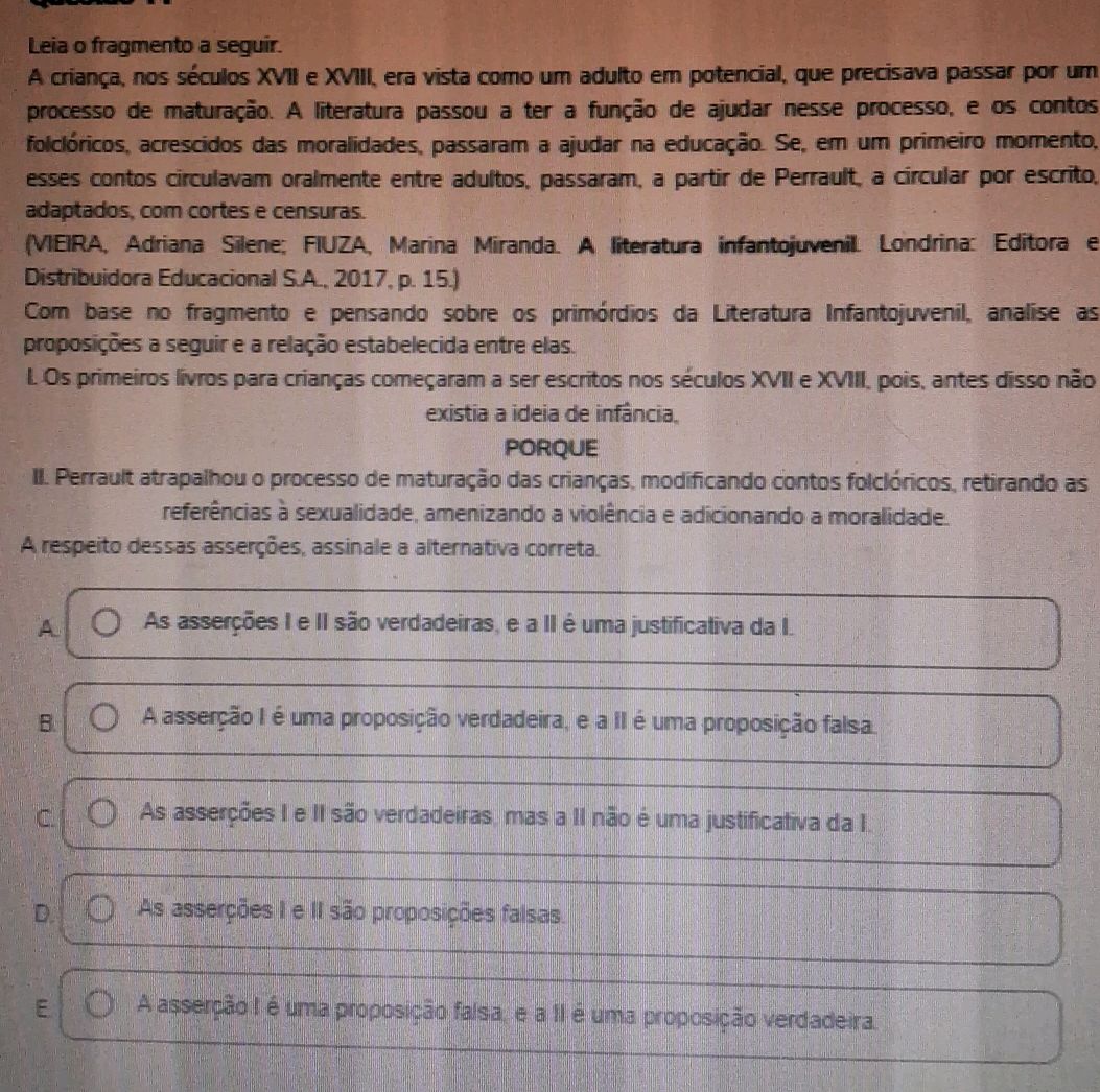 Leia o fragmento a seguir. A criança, nos | StudyX