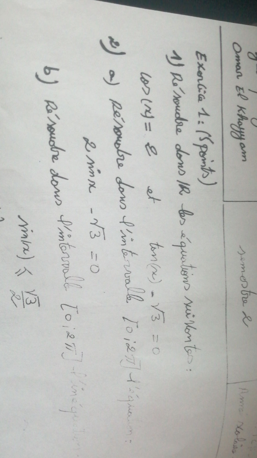 Exercice 1 5 Points 1 Résoudre Dans Ir Studyx