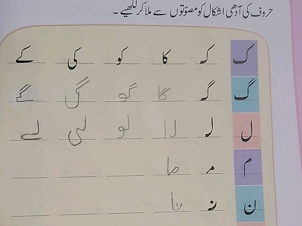 حروف کی آدھی اشکال کو مصوتوں سے ملا کر لکھیے