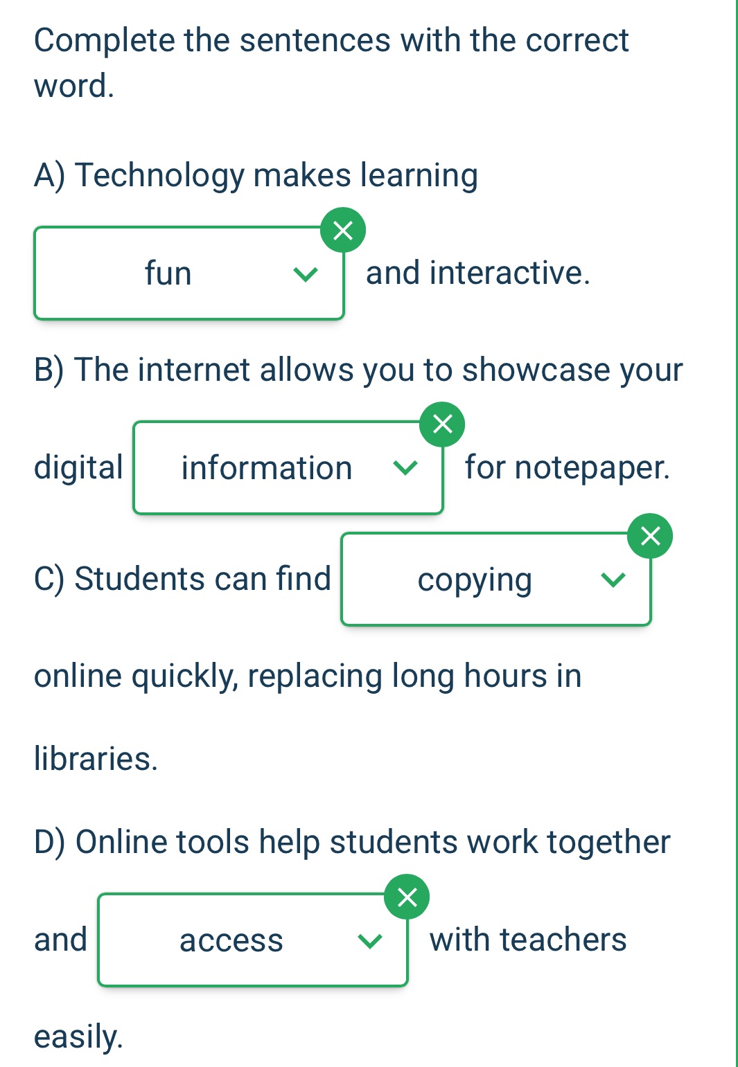 Complete the sentences with the correct | StudyX
