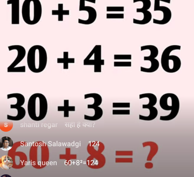 10 + 5 = 35 20 + 4 = 36 30 + 3 = 39 60 + 8 = | StudyX