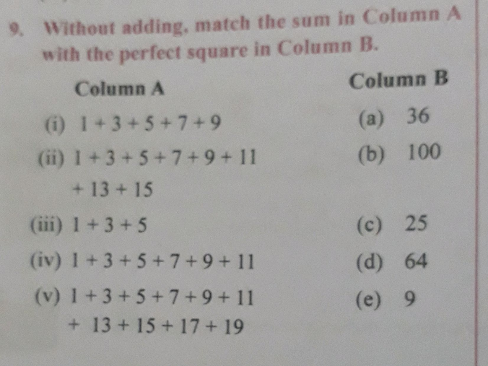 Perfect Column For Math 9. Without adding, match the sum in Column A | StudyX