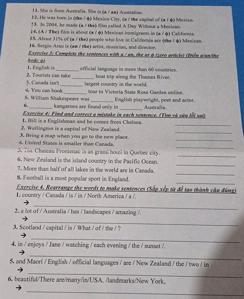 Exercise 3: Complete the sentences with a / | StudyX