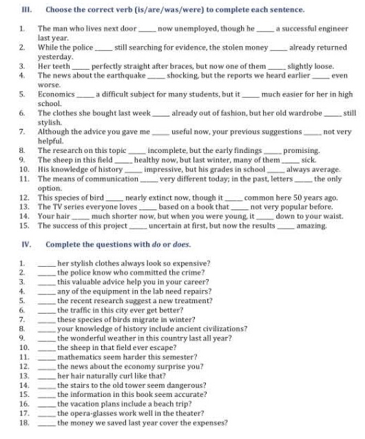 III. Choose the correct verb | StudyX
