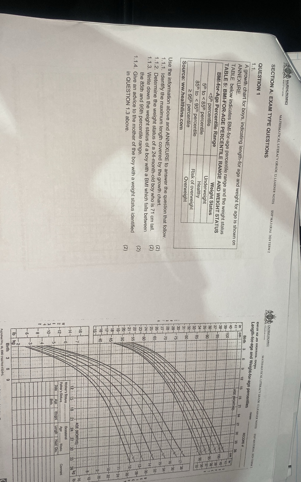 QUESTION 1 1.1. A growth chart for boys, | StudyX