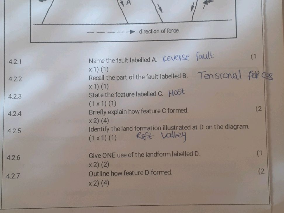 4.2.1 Name the fault labelled A. Reverse | StudyX