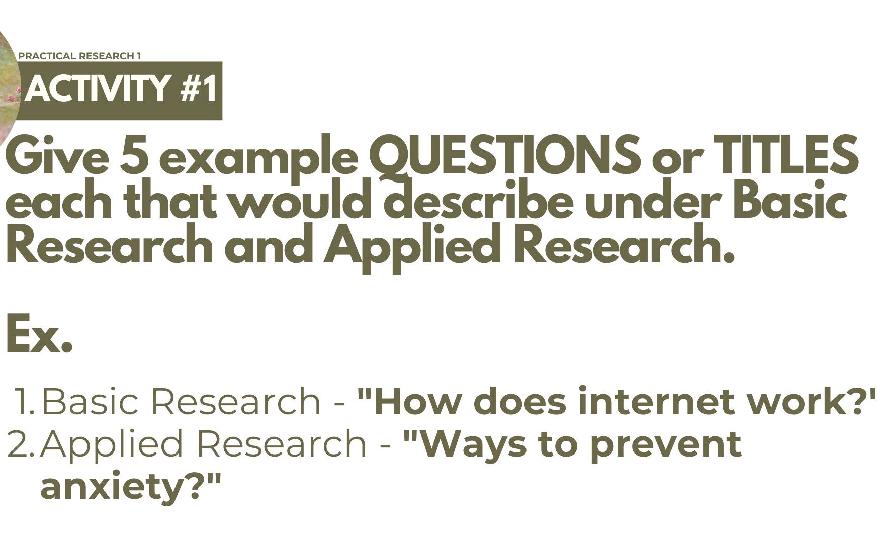 Give 5 example QUESTIONS or TITLES each that | StudyX