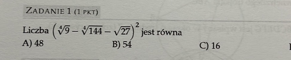 Liczba $( [4]{9} - [4]{144} - {27})^2$ | StudyX