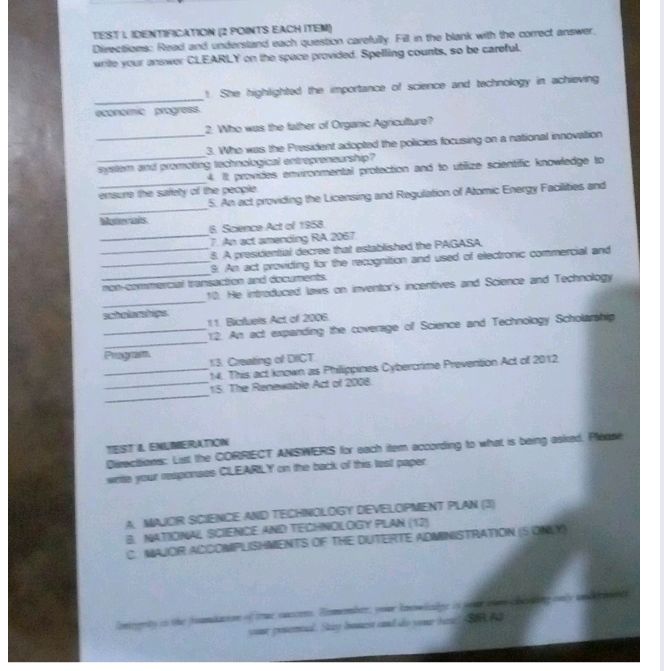 TEST I. IDENTIFICATION (2 POINTS EACH ITEM) | StudyX