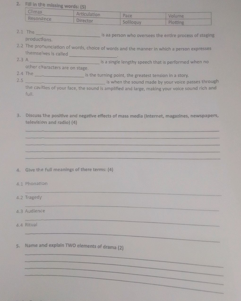 2. Fill in the missing words: (5) | Climax | StudyX