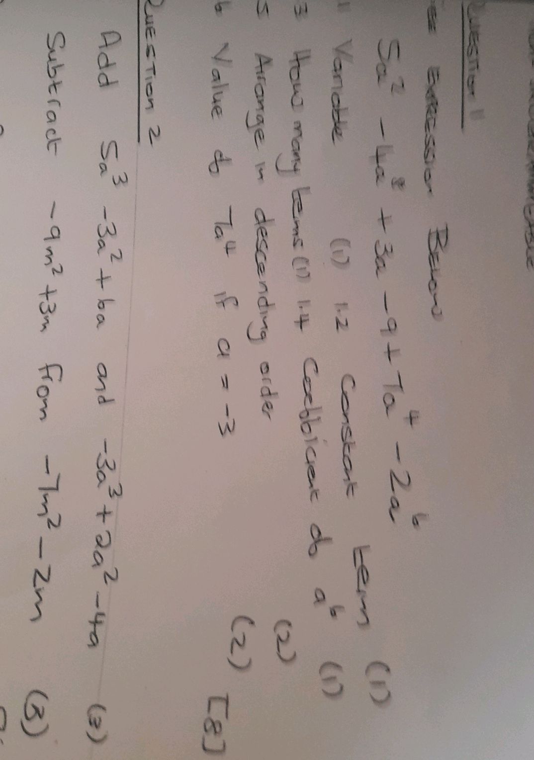 Question 1 Expression Below $5a^2 - 4a^2 + | StudyX