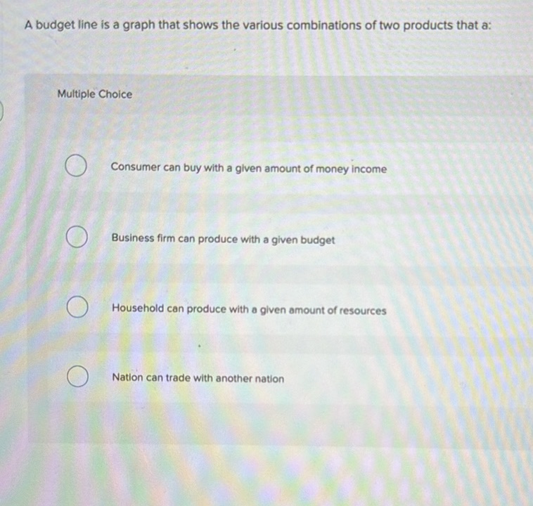 A budget line is a graph that shows the