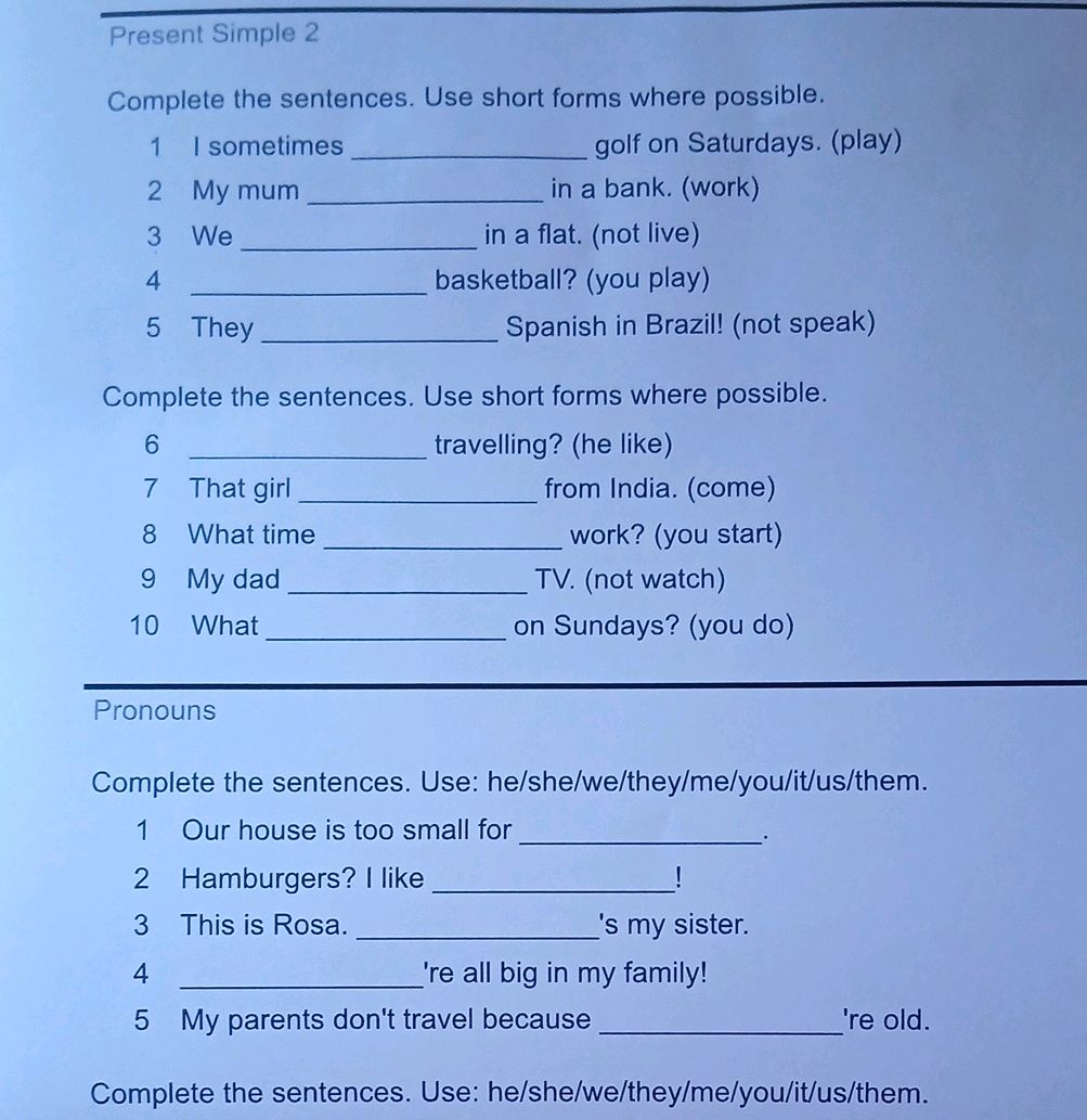 Complete the sentences. Use short forms | StudyX