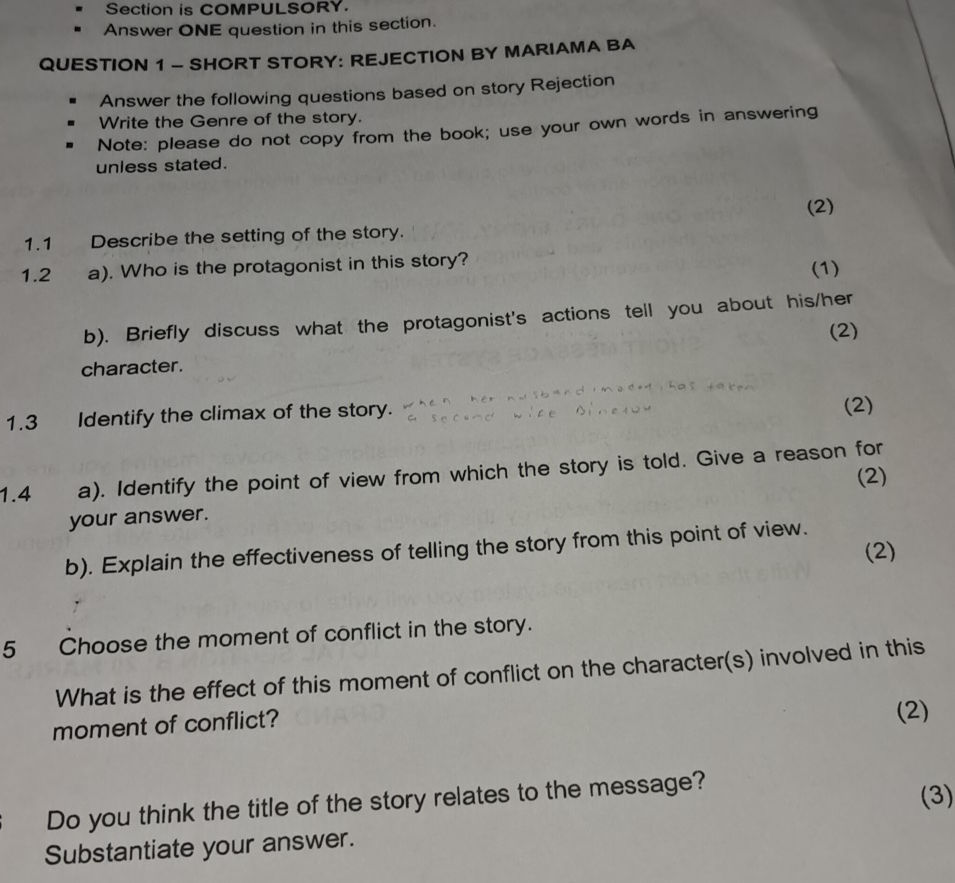 QUESTION 1 - SHORT STORY: REJECTION BY | StudyX