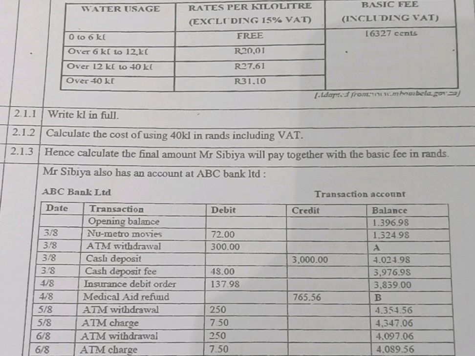 Water Usage Rates per Kilolitre (Excluding | StudyX
