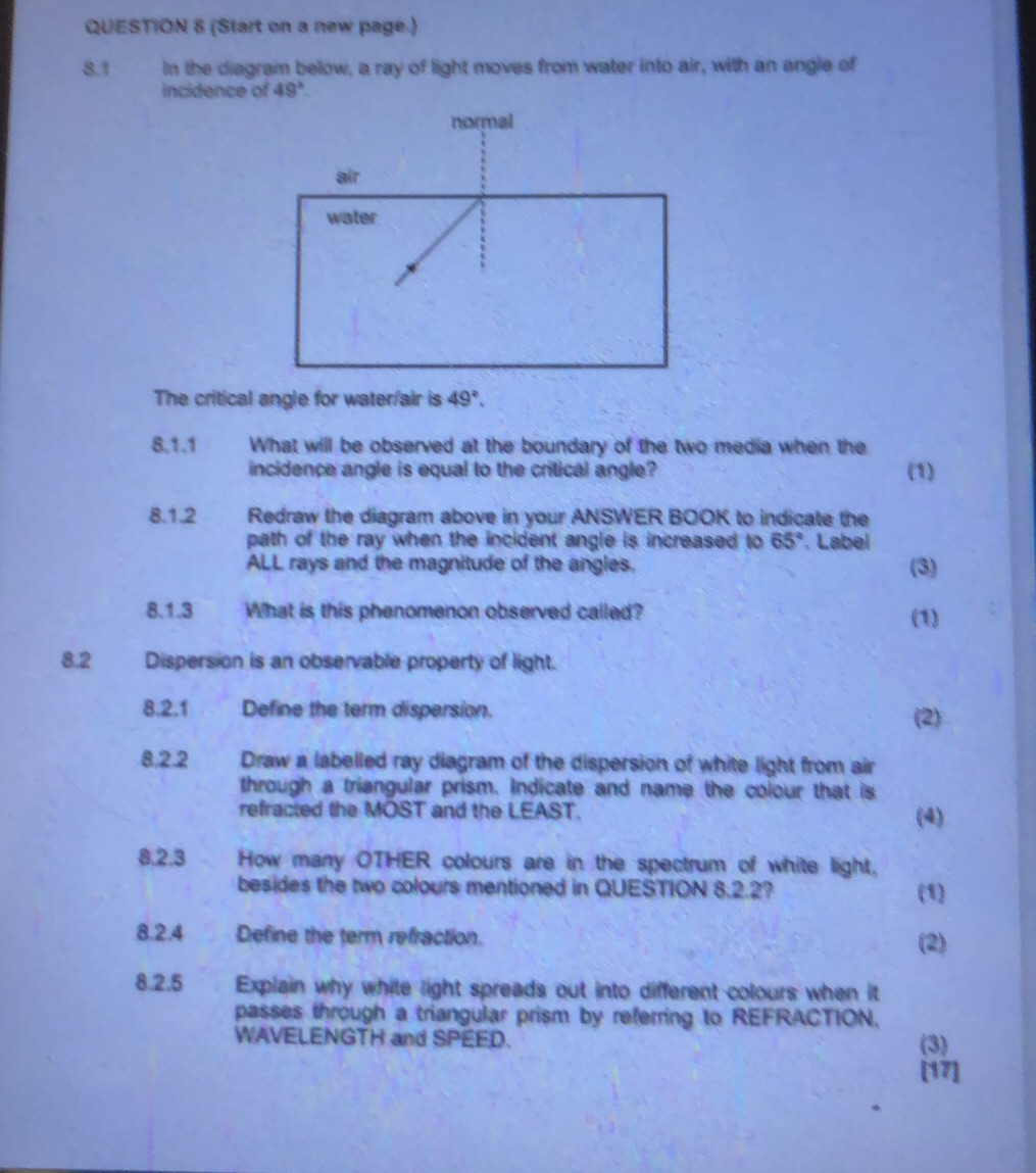 8.1 In the diagram below, a ray of light | StudyX