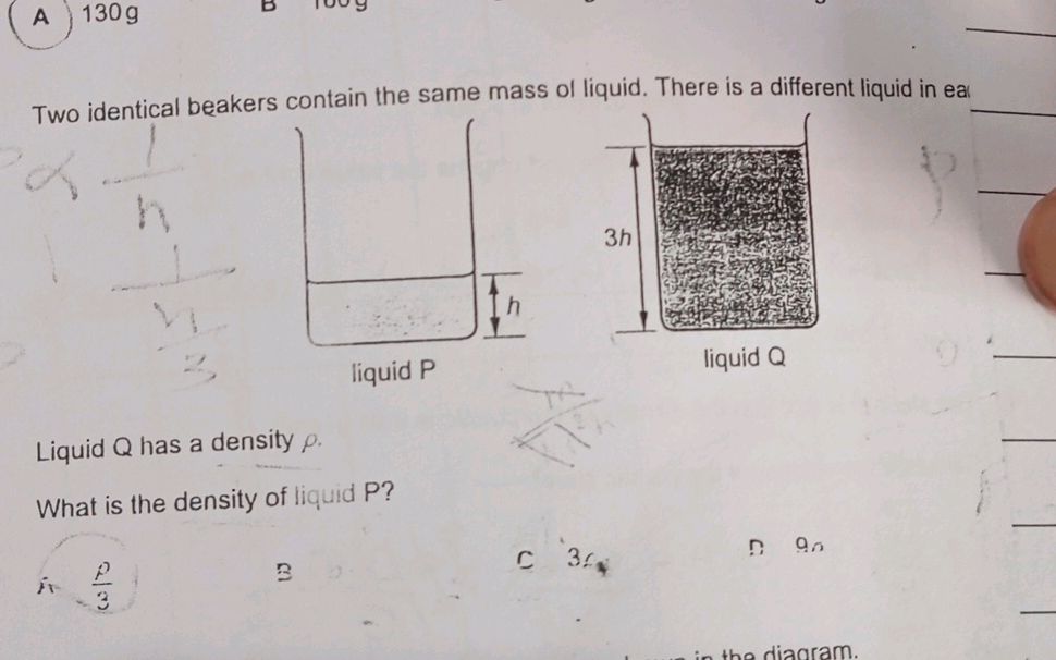 Two identical beakers contain the same mass