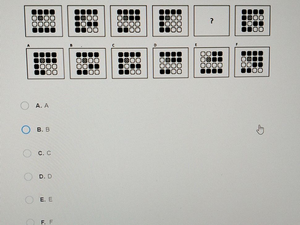 Identify the missing pattern. A. A B. B C. | StudyX