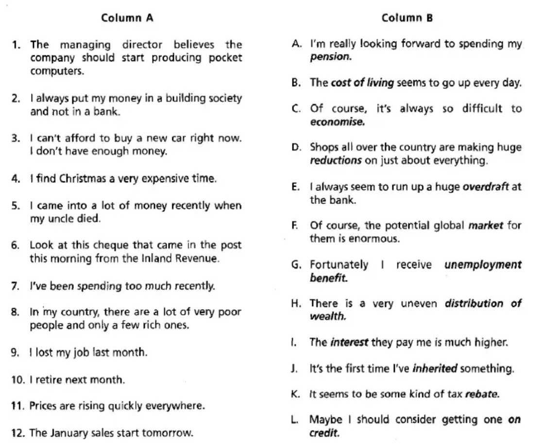 Column In A Sentence Match the sentences in Column A with the | StudyX