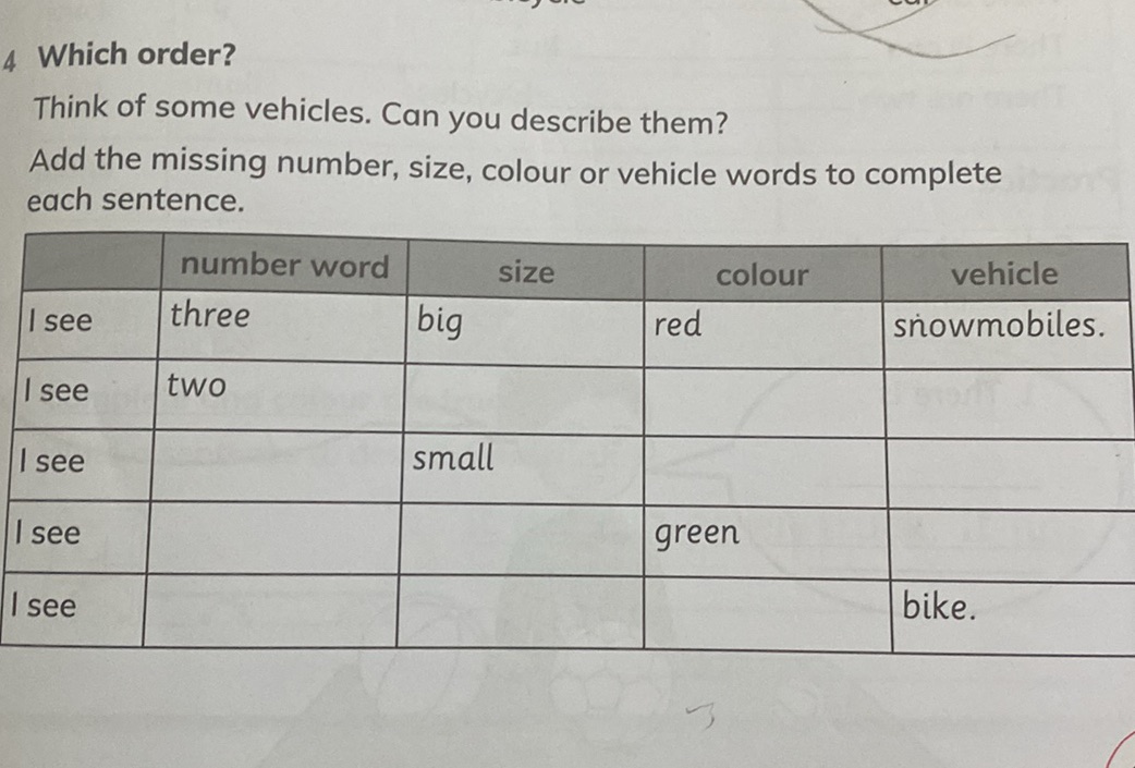 Describing Vehicles 4 Which order? Think of some vehicles. Can | StudyX