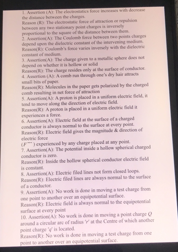 Assertion (A): The electrostatics force