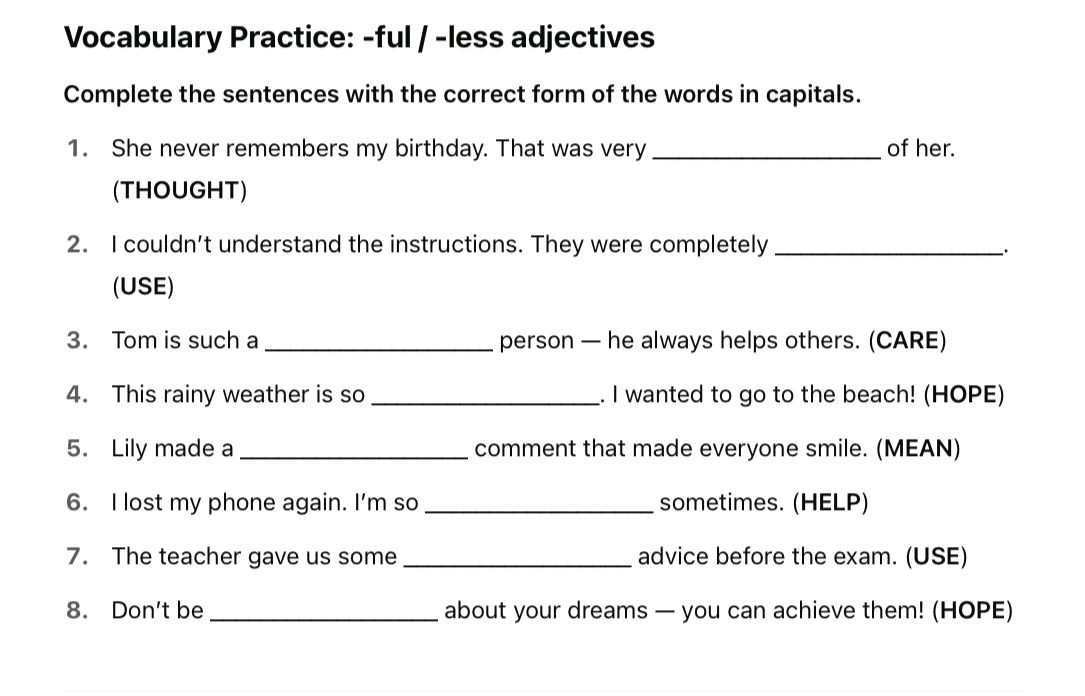 Vocabulary Practice: -ful / -less adjectives | StudyX