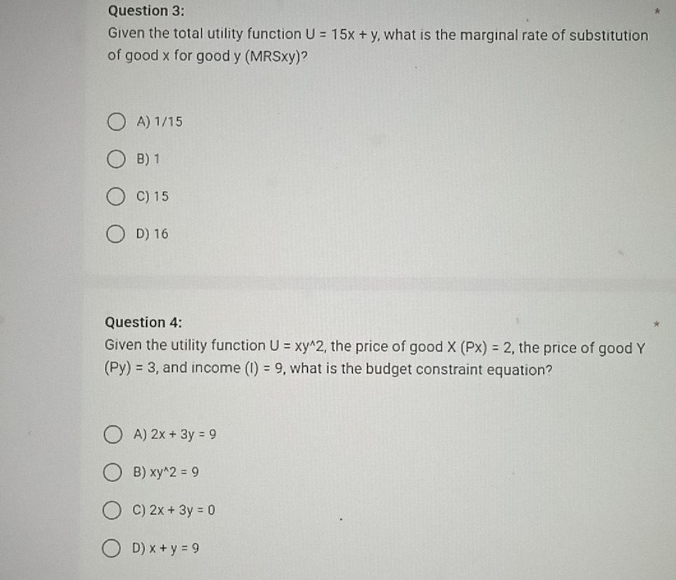 Question 3: Given the total utility function | StudyX