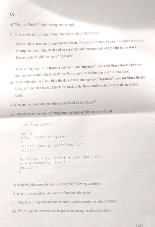 Q2. a) What is a Stack? Explain using an | StudyX