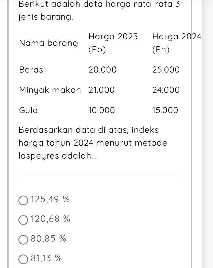 Berikut adalah data harga rata-rata 3 jenis | StudyX