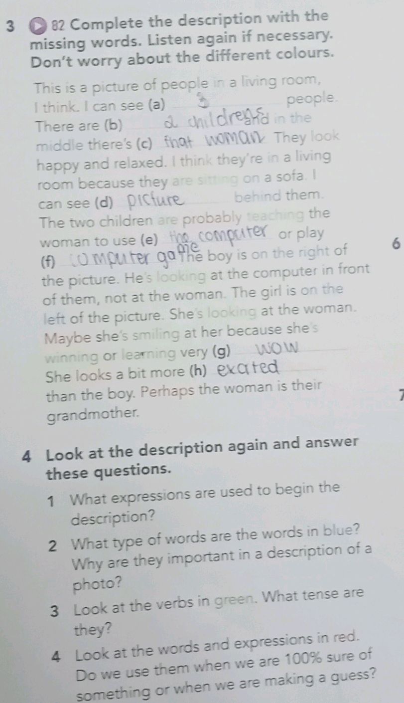 Complete Picture Description Without Questions 3 82 Complete the description with the | StudyX