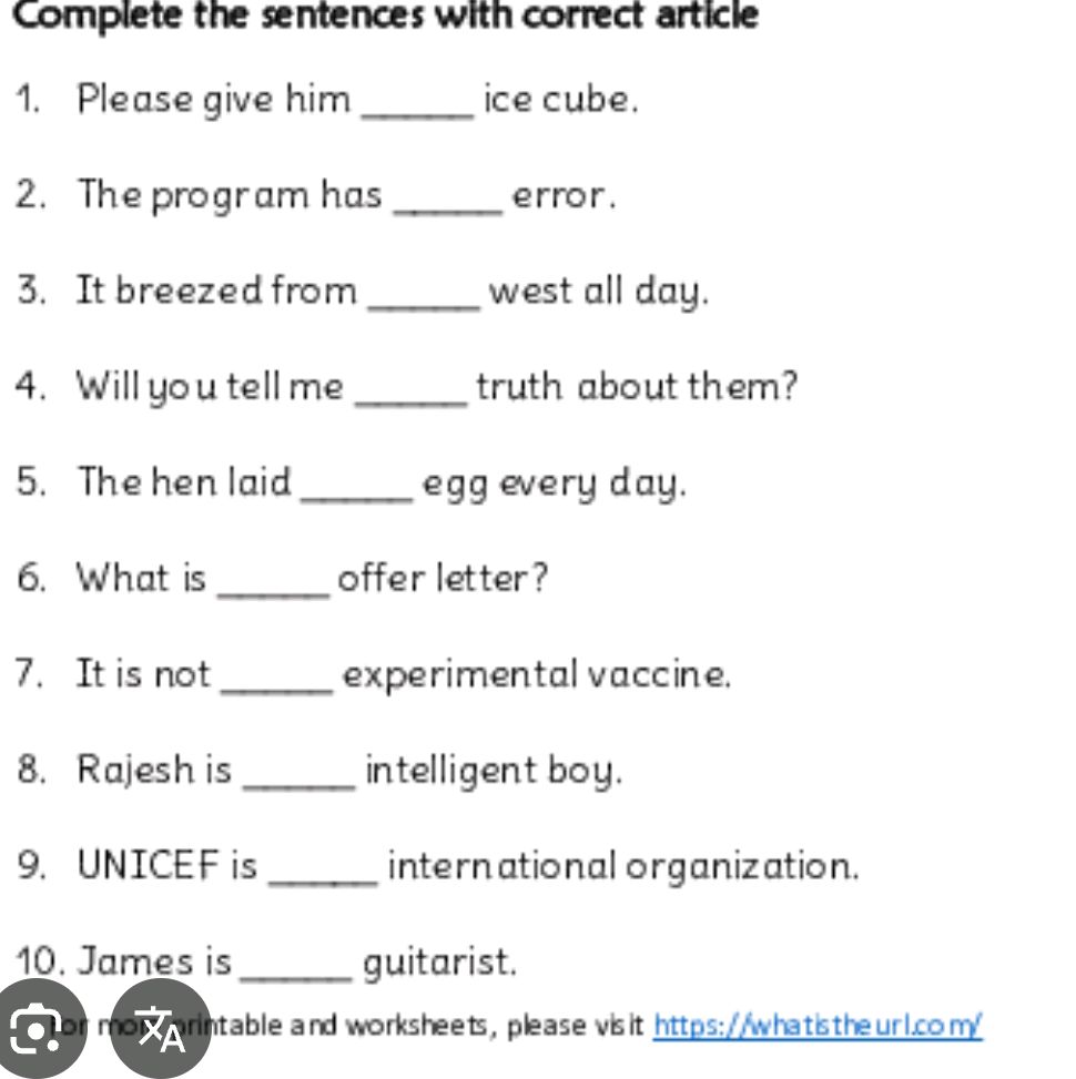 Complete Using Correct Article Complete the sentences with correct article | StudyX