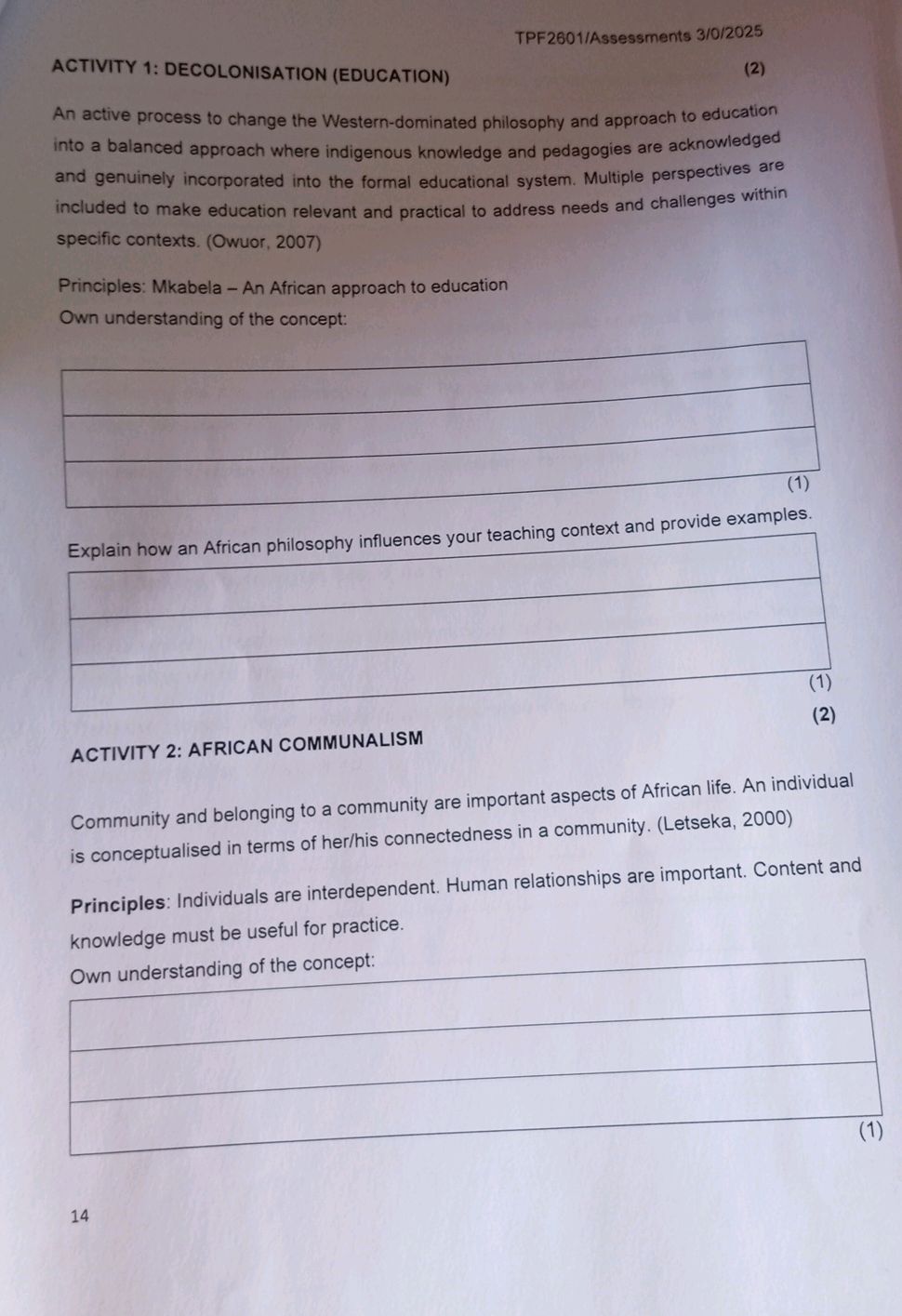 ACTIVITY 1: DECOLONISATION (EDUCATION) An | StudyX