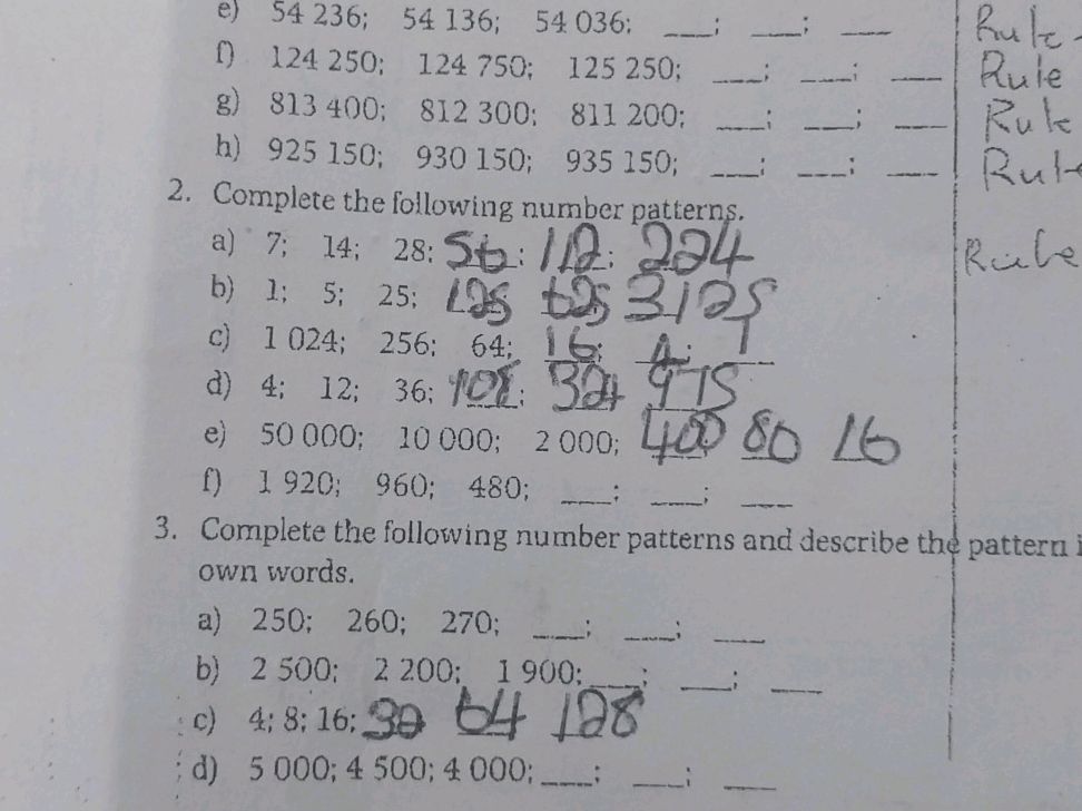 Complete The Pattern Numbers With Answers 2. Complete the following number patterns. | StudyX