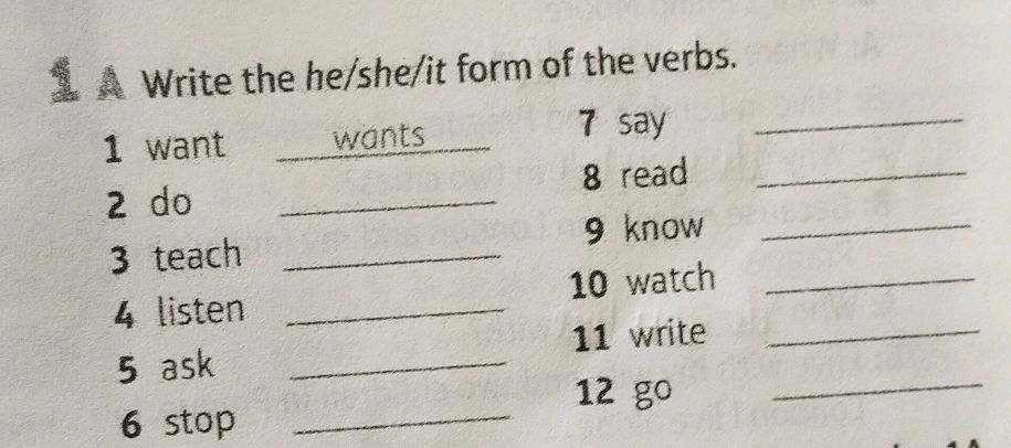 1 A Write the he/she/it form of the verbs. | StudyX