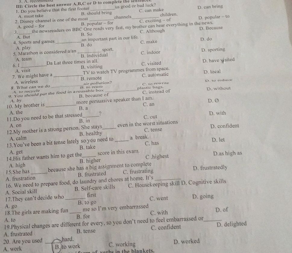 III: Circle the best answer A,B,C or D to | StudyX