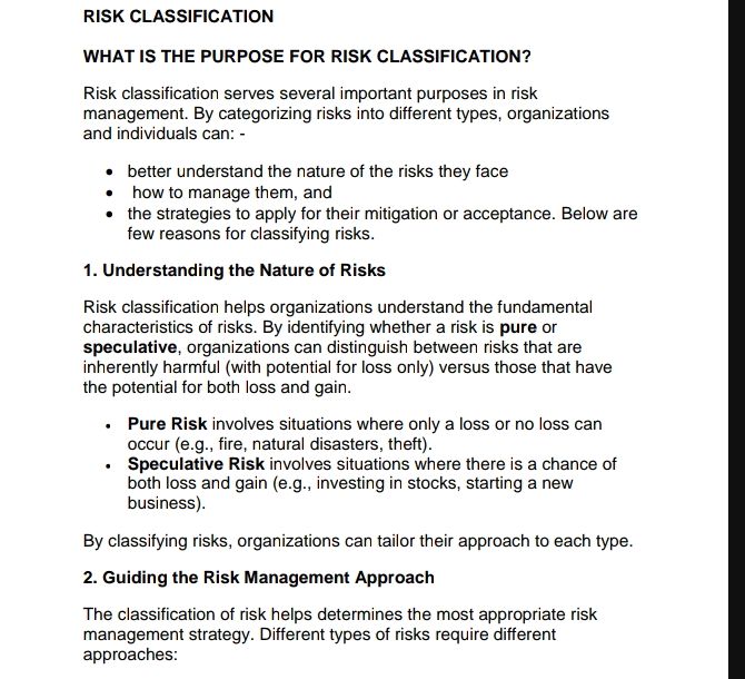 RISK CLASSIFICATION WHAT IS THE PURPOSE FOR | StudyX