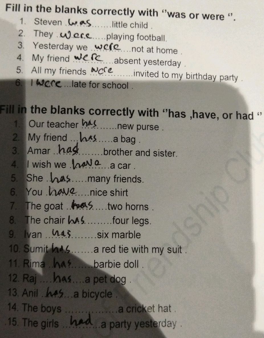 Fill in the blanks correctly with "was or | StudyX